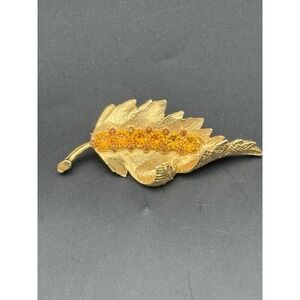 Leaf Aurora Rhinestones Vintage Gold Brooch Pin